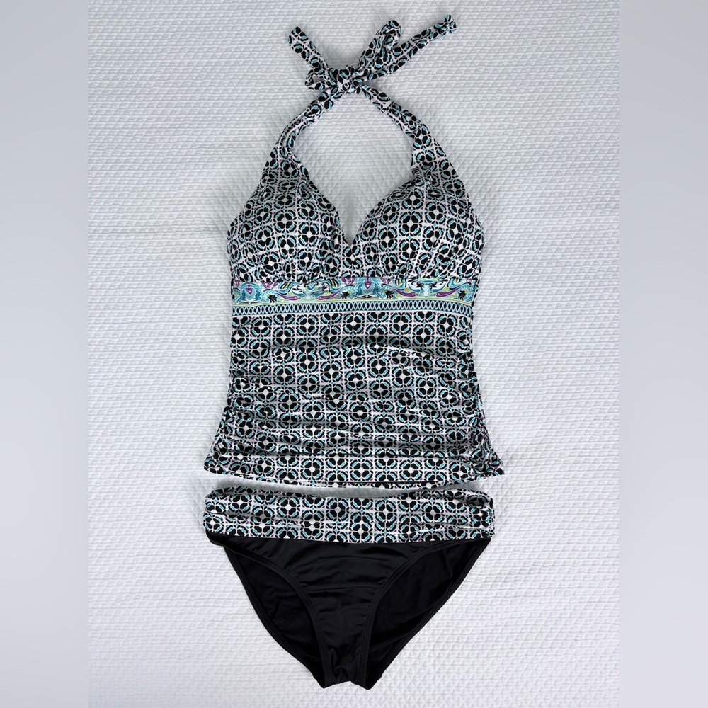 La Blanca, Black and Aqua Halter Tankini Set, Size 6